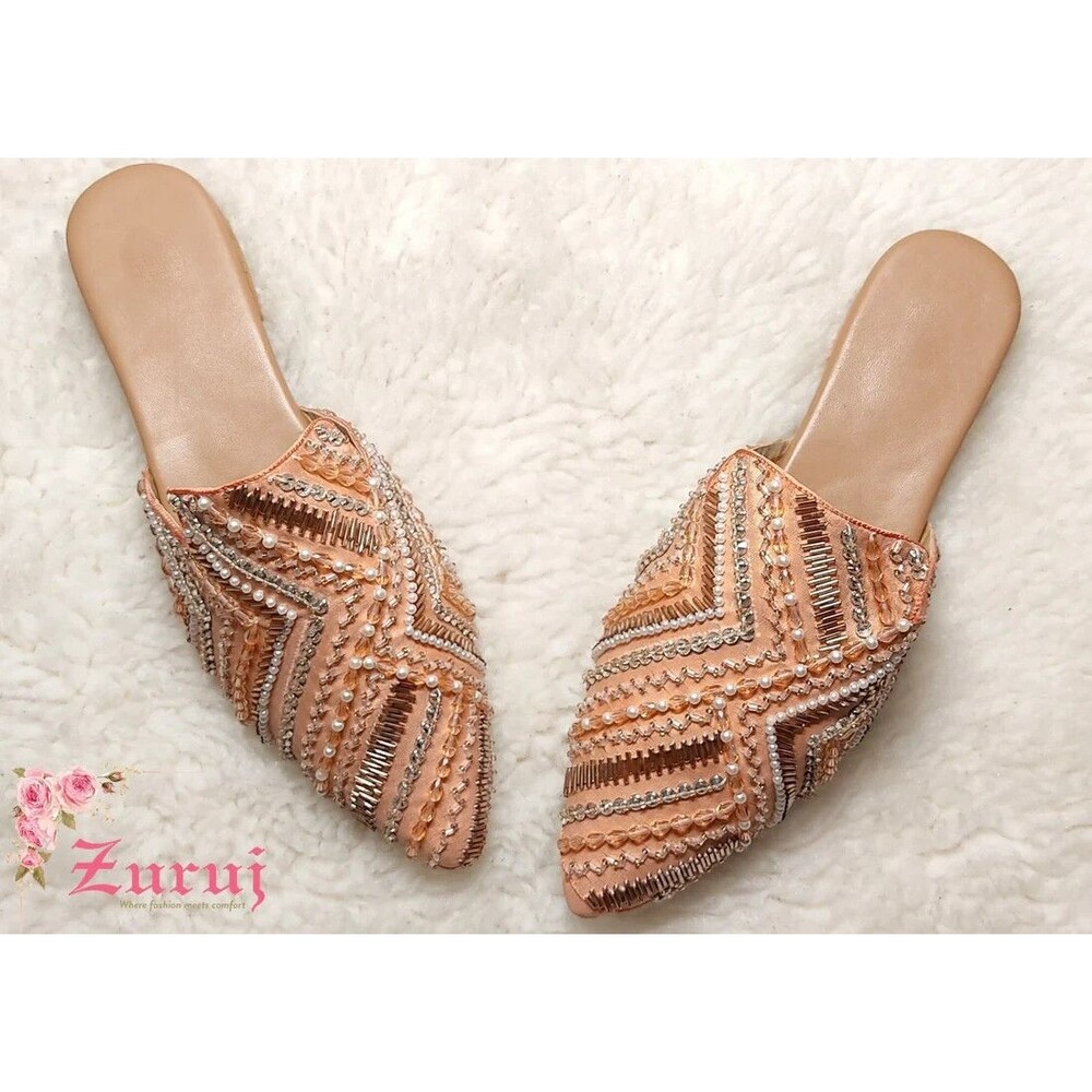 Peach Satin Embroidered Beaded Slip On Mules Zuruj Size 41 US 10